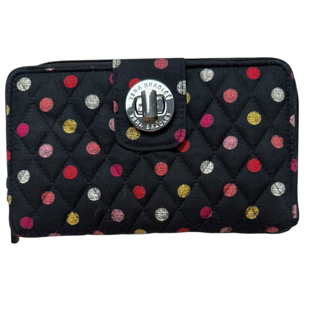 Vera Bradley Wallet RFID Georgia Clutch with Turnkey Clasp Black with Polka Dots